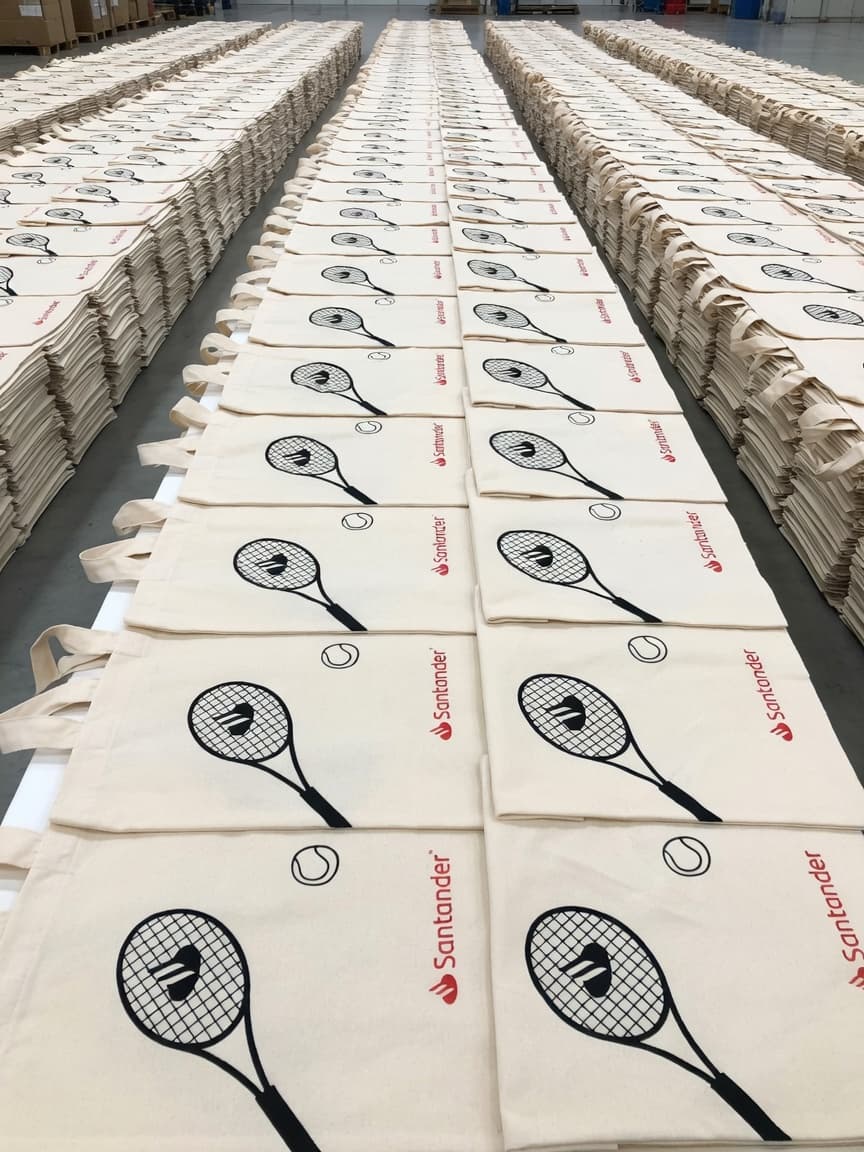 Producción a escala de bolsas Santander con aplicación de marca consistente