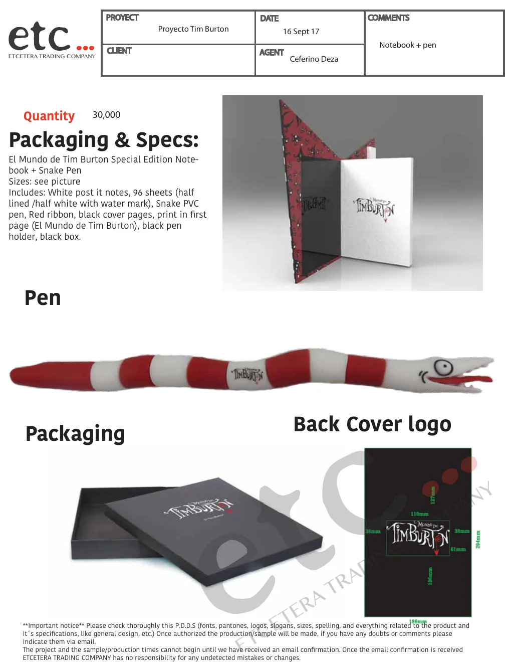 Tim Burton special-edition notebook and snake pen development