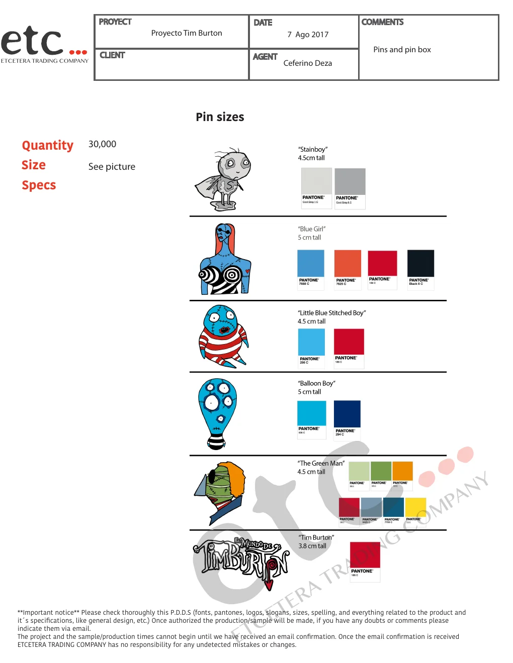 Tim Burton collectible pin size and finish specification