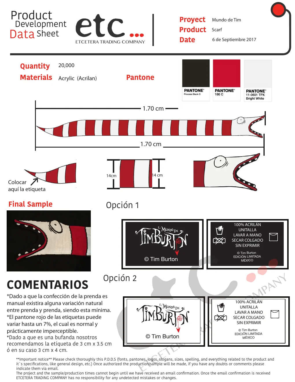Tim Burton textile scarf development sheet